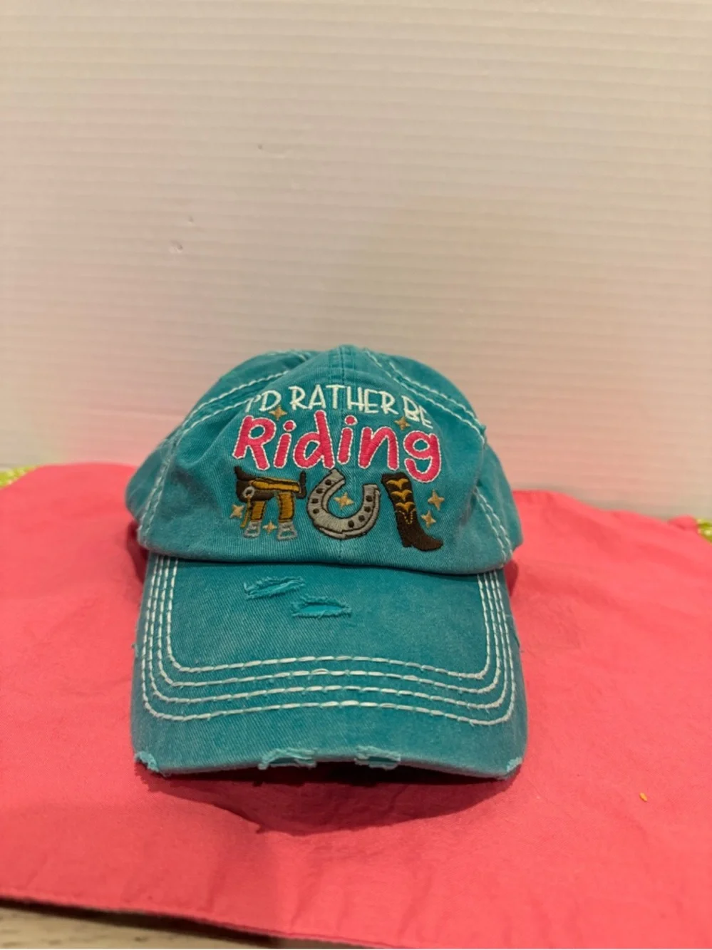 Cowgirl Cap Kbethos  Embroidered “I’d Rather Be Riding” Distressed Teal